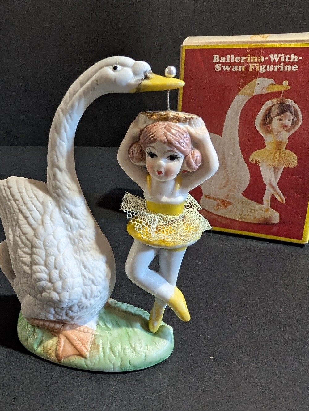 Vtg Spinning Ballerina With Swan Figurine Yellow Tutu Ceramic Taiwan